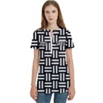 Frets Mosaic Pattern Geometric Women s Zip Front V-Neck Short Sleeve Casual Top Pocket Shirt