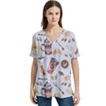 Coffee Mania Caffeine V-Neck Split Shoulder Casual T-Shirt