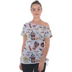 Coffee Mania Caffeine Off Shoulder Tie-Up T-Shirt