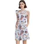 Coffee Mania Caffeine Cocktail Party Halter Sleeveless Dress With Pockets