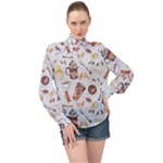 Coffee Mania Caffeine High Neck Long Sleeve Chiffon Top