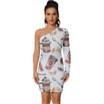 Coffee Mania Caffeine Long Sleeve One Shoulder Mini Dress