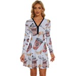 Coffee Mania Caffeine Long Sleeve Deep V Mini Dress 