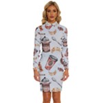 Coffee Mania Caffeine Long Sleeve Shirt Collar Bodycon Dress