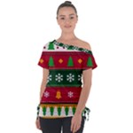 Christmas Time Pattern Christmas Ornament Off Shoulder Tie-Up T-Shirt