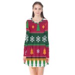 Christmas Time Pattern Christmas Ornament Long Sleeve V-neck Flare Dress