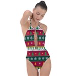 Christmas Time Pattern Christmas Ornament Plunge Cut Halter Swimsuit