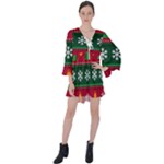 Christmas Time Pattern Christmas Ornament V-Neck Flare Sleeve Mini Dress