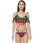 Christmas Time Pattern Christmas Ornament Ruffle Edge Tie Up Bikini Set	