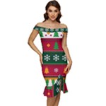 Christmas Time Pattern Christmas Ornament Off Shoulder Ruffle Split Hem Bodycon Dress