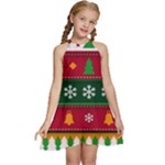 Christmas Time Pattern Christmas Ornament Kids  Halter Collar Waist Tie Chiffon Dress