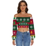 Christmas Time Pattern Christmas Ornament Long Sleeve Crinkled Weave Crop Top