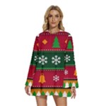 Christmas Time Pattern Christmas Ornament Round Neck Long Sleeve Bohemian Style Chiffon Mini Dress