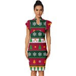 Christmas Time Pattern Christmas Ornament Vintage Frill Sleeve V-Neck Bodycon Dress