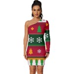 Christmas Time Pattern Christmas Ornament Long Sleeve One Shoulder Mini Dress