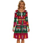 Christmas Time Pattern Christmas Ornament Long Sleeve Dress With Pocket