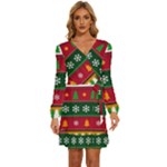 Christmas Time Pattern Christmas Ornament Long Sleeve Waist Tie Ruffle Velvet Dress