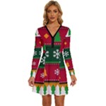 Christmas Time Pattern Christmas Ornament Long Sleeve Deep V Mini Dress 