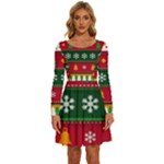 Christmas Time Pattern Christmas Ornament Long Sleeve Wide Neck Velvet Dress