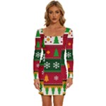 Christmas Time Pattern Christmas Ornament Long Sleeve Square Neck Bodycon Velvet Dress