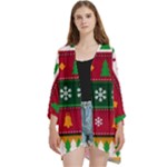 Christmas Time Pattern Christmas Ornament Open Front 3/4 Sleeve Batwing Chiffon Cardigan Kimono