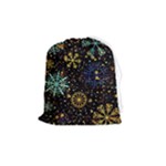 Gold Teal Snowflakes Gold Abstract Christmas Drawstring Pouch (Medium)