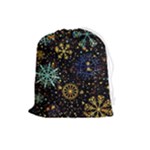 Gold Teal Snowflakes Gold Abstract Christmas Drawstring Pouch (Large)