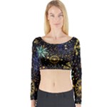 Gold Teal Snowflakes Gold Abstract Christmas Long Sleeve Crop Top