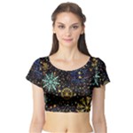 Gold Teal Snowflakes Gold Abstract Christmas Short Sleeve Crop Top