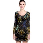 Gold Teal Snowflakes Gold Abstract Christmas Long Sleeve Bodycon Dress