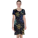 Gold Teal Snowflakes Gold Abstract Christmas Short Sleeve Nightdress