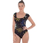 Gold Teal Snowflakes Gold Abstract Christmas Short Sleeve Leotard 