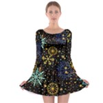 Gold Teal Snowflakes Gold Abstract Christmas Long Sleeve Skater Dress