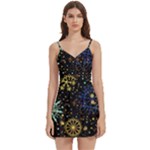 Gold Teal Snowflakes Gold Abstract Christmas Body Wrap Sleeveless V-Neck Mini Dress