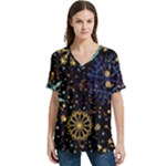 Gold Teal Snowflakes Gold Abstract Christmas V-Neck Split Shoulder Casual T-Shirt