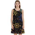 Gold Teal Snowflakes Gold Abstract Christmas Round Neck Sleeve Casual Dress With Pockets