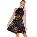 Gold Teal Snowflakes Gold Abstract Christmas Sleeveless Halter Neck A-Line Dress