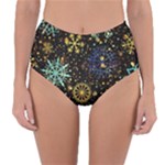 Gold Teal Snowflakes Gold Abstract Christmas Reversible High-Waist Bikini Bottoms