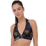 Gold Teal Snowflakes Gold Abstract Christmas Halter Plunge Bikini Top