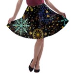 Gold Teal Snowflakes Gold Abstract Christmas A-line Skater Skirt