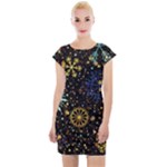 Gold Teal Snowflakes Gold Abstract Christmas Cap Sleeve Bodycon Dress