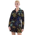 Gold Teal Snowflakes Gold Abstract Christmas Women s Long Sleeve Casual Dress