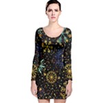 Gold Teal Snowflakes Gold Abstract Christmas Long Sleeve Velvet Bodycon Dress