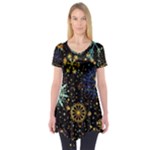 Gold Teal Snowflakes Gold Abstract Christmas Short Sleeve Tunic 