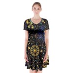 Gold Teal Snowflakes Gold Abstract Christmas Short Sleeve V-neck Flare Dress