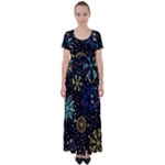 Gold Teal Snowflakes Gold Abstract Christmas High Waist Short Sleeve Maxi Dress