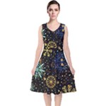 Gold Teal Snowflakes Gold Abstract Christmas V-Neck Midi Sleeveless Dress 