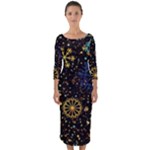 Gold Teal Snowflakes Gold Abstract Christmas Quarter Sleeve Midi Bodycon Dress