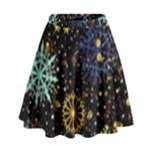 Gold Teal Snowflakes Gold Abstract Christmas High Waist Skirt