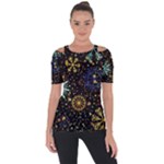 Gold Teal Snowflakes Gold Abstract Christmas Shoulder Cut Out Short Sleeve Top